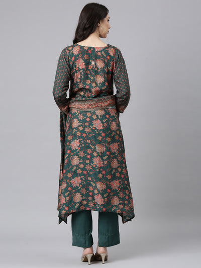 Neerus Green Panelled Straight Kurta and Trousers With Dupatta