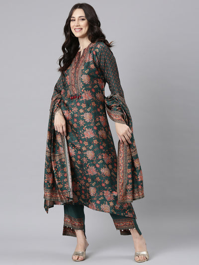 Neerus Green Panelled Straight Kurta and Trousers With Dupatta