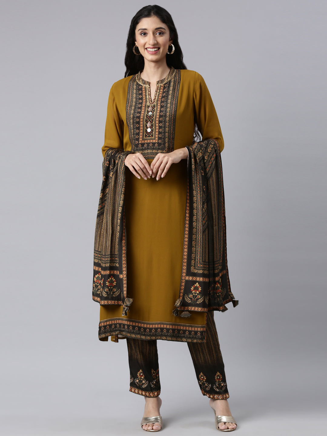 Neerus Green Panelled Straight Kurta and Trousers With Dupatta