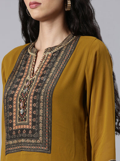 Neerus Green Panelled Straight Kurta and Trousers With Dupatta