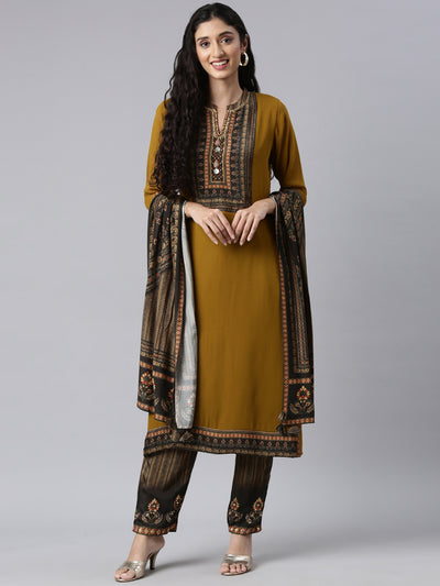 Neerus Green Panelled Straight Kurta and Trousers With Dupatta