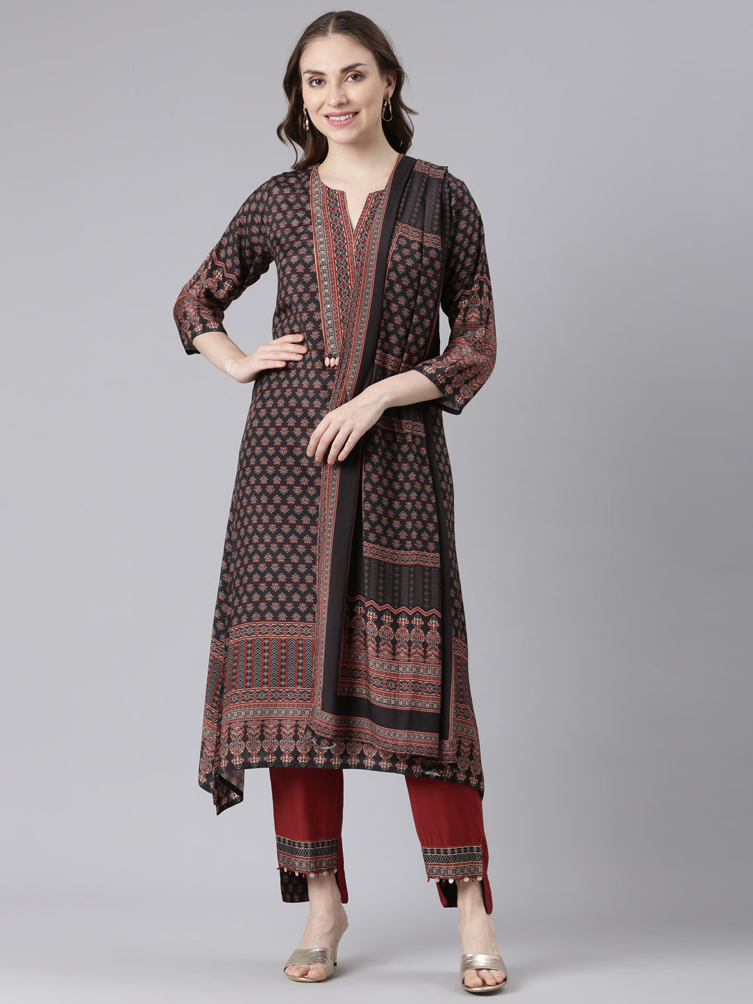 Neerus Black Santoon High-Low Casual Floral Kurta and Trouser with Dupatta