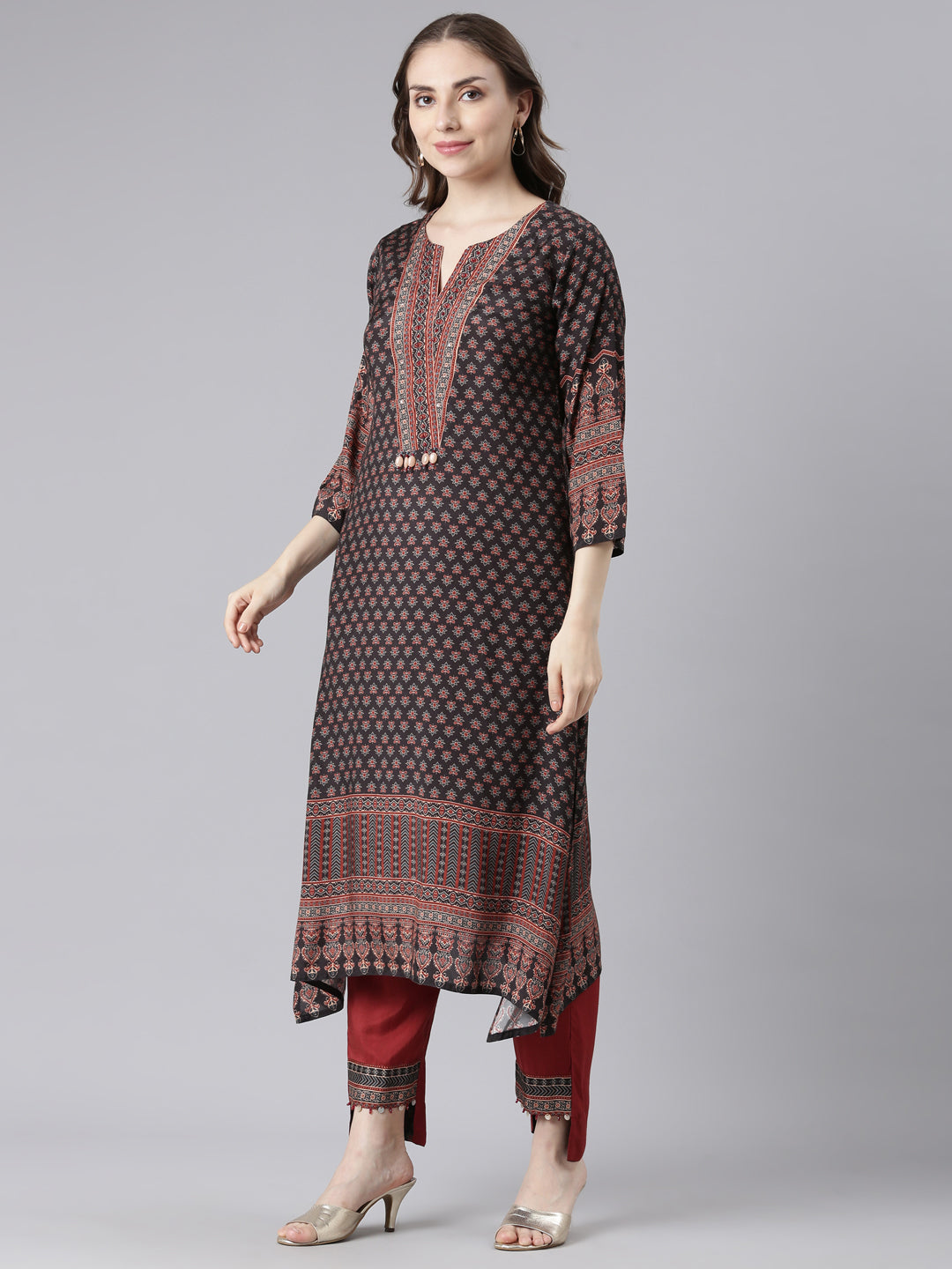 Neerus Black Santoon High-Low Casual Floral Kurta and Trouser with Dupatta