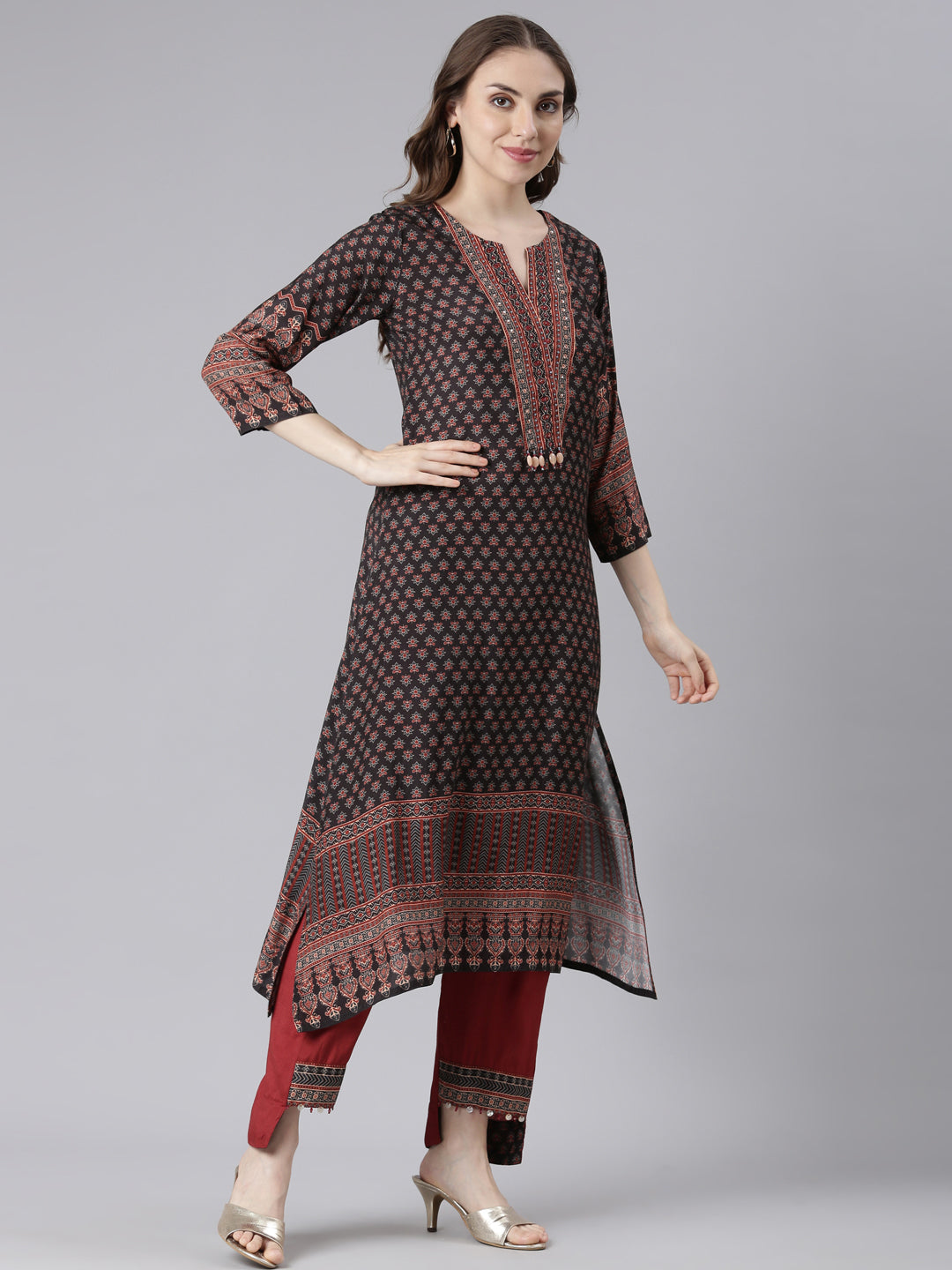 Neerus Black Santoon High-Low Casual Floral Kurta and Trouser with Dupatta