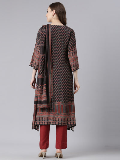 Neerus Black Santoon High-Low Casual Floral Kurta and Trouser with Dupatta