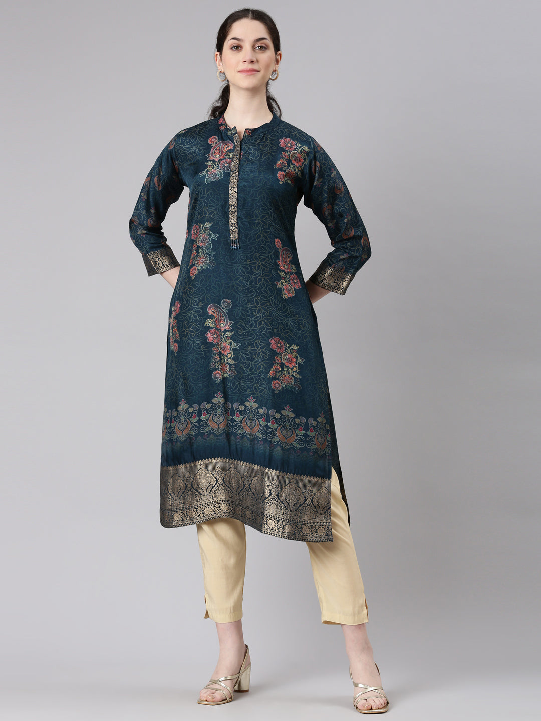 Neerus Blue Straight Casual Floral Panelled Kurtas