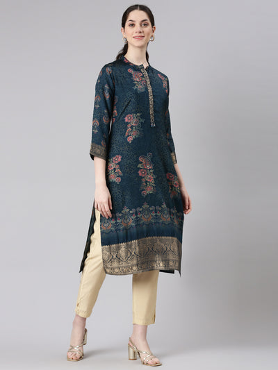 Neerus Blue Straight Casual Floral Panelled Kurtas