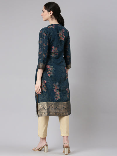 Neerus Blue Straight Casual Floral Panelled Kurtas