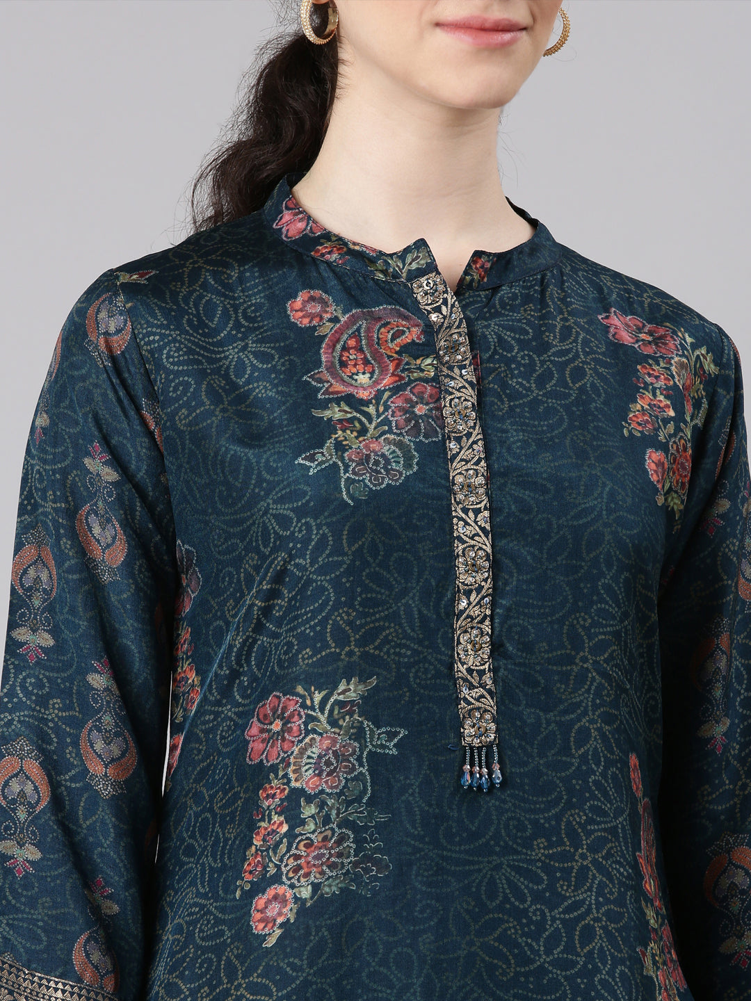 Neerus Blue Straight Casual Floral Panelled Kurtas