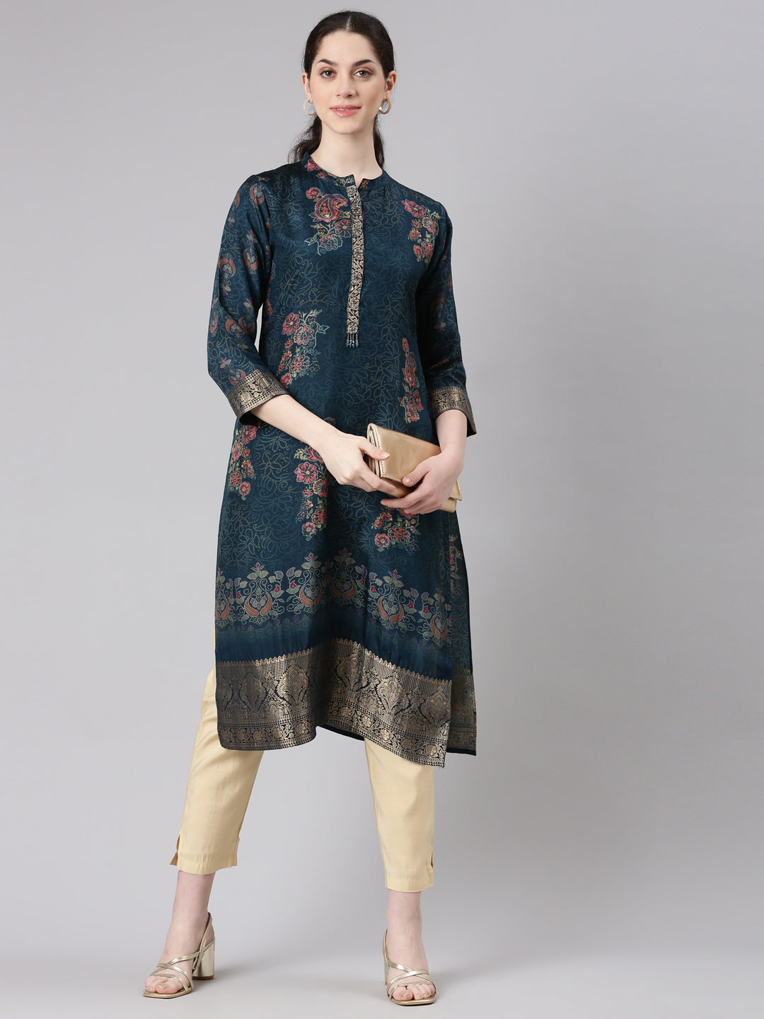 Neerus Blue Straight Casual Floral Panelled Kurtas