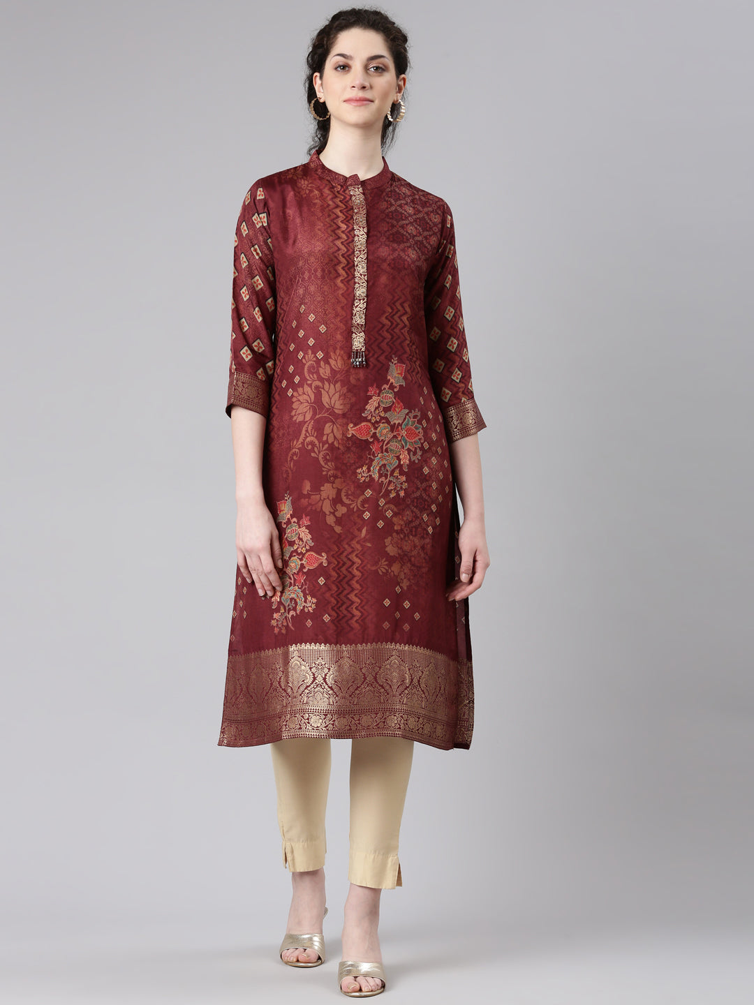 Neerus Maroon Straight Casual Floral Panelled Kurtas