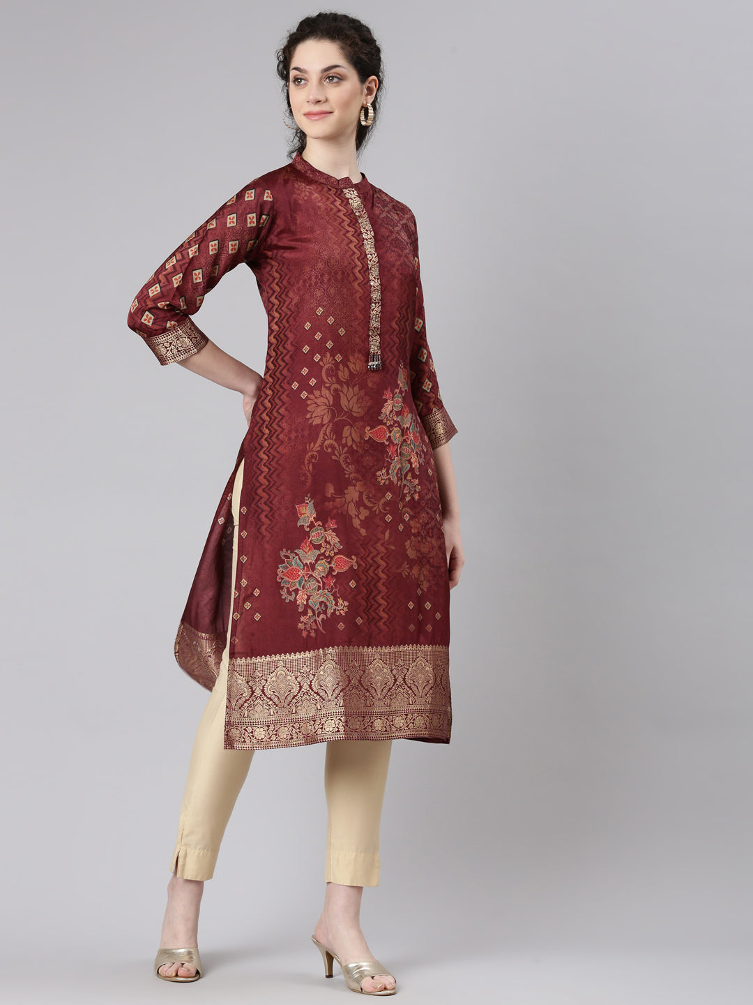 Neerus Maroon Straight Casual Floral Panelled Kurtas