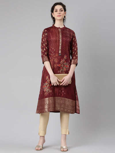 Neerus Maroon Straight Casual Floral Panelled Kurtas