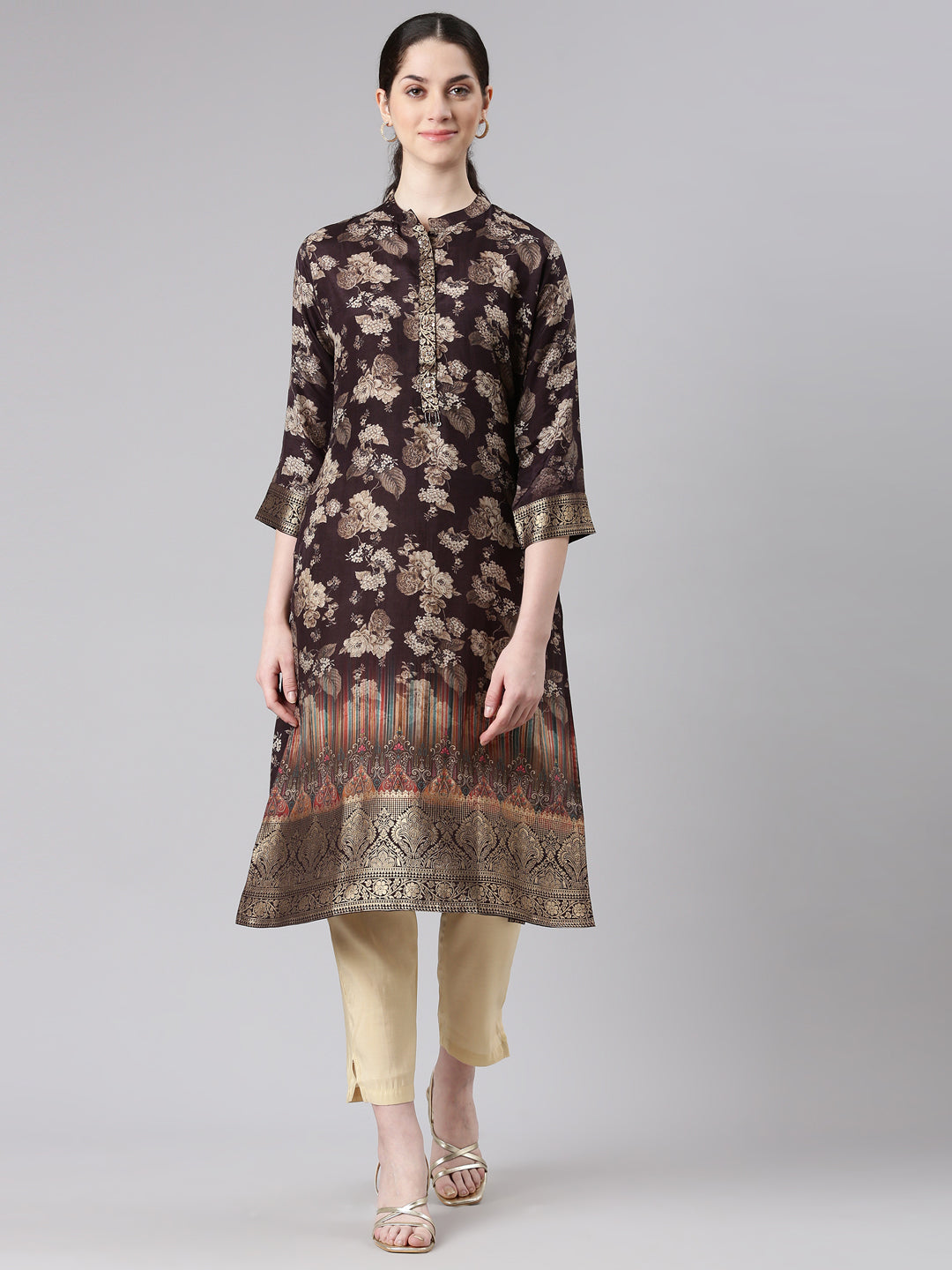 Neerus Brown Straight Casual Floral Panelled Kurtas