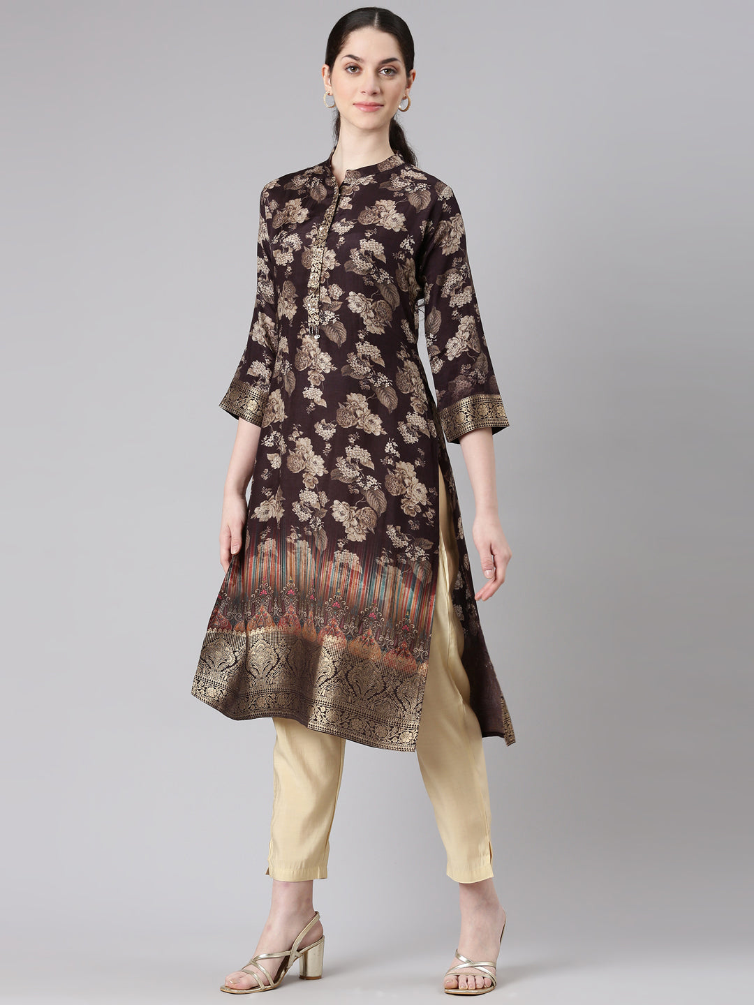 Neerus Brown Straight Casual Floral Panelled Kurtas