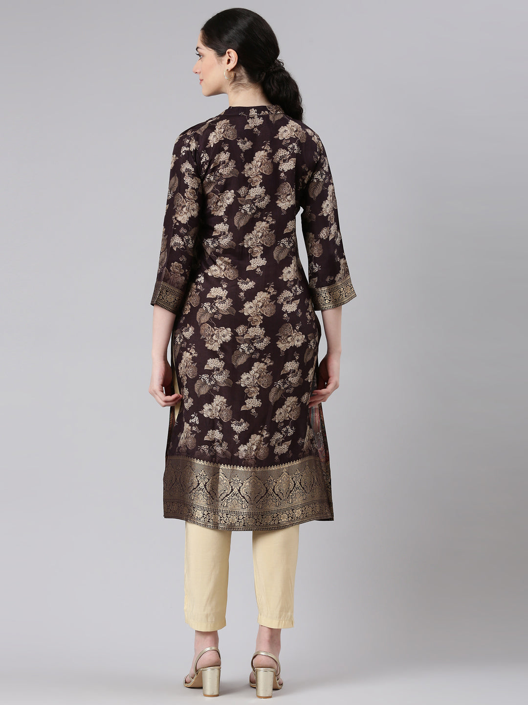 Neerus Brown Straight Casual Floral Panelled Kurtas