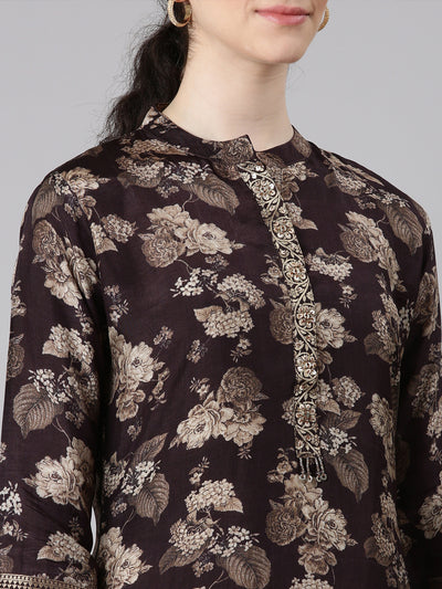 Neerus Brown Straight Casual Floral Panelled Kurtas