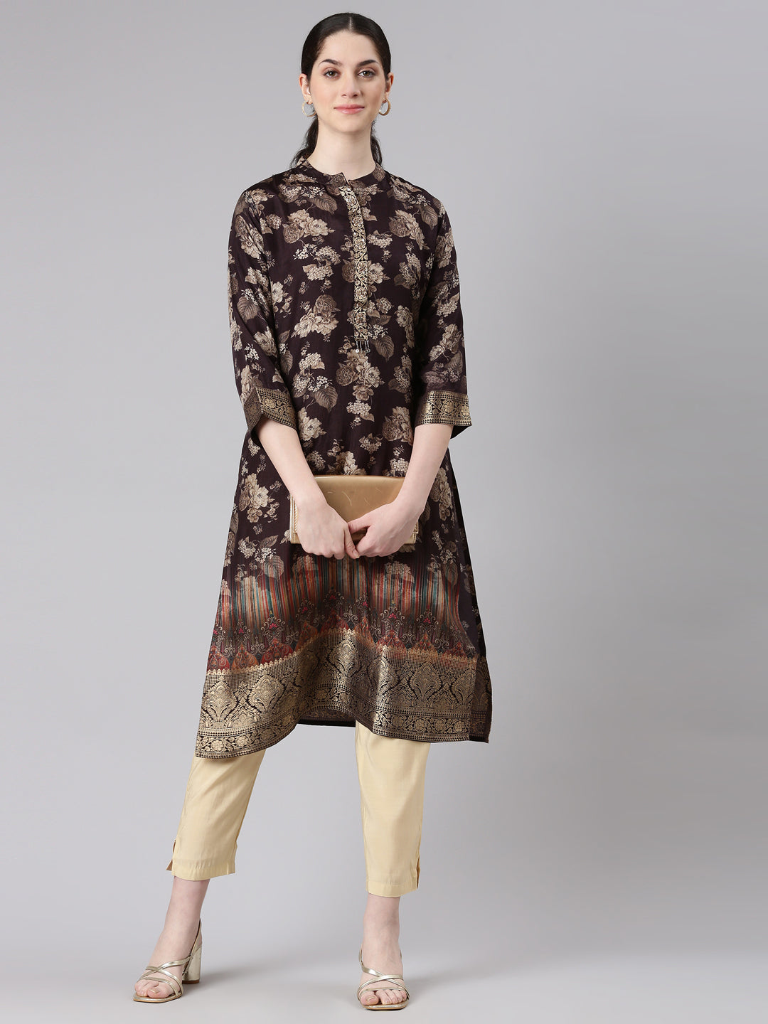 Neerus Brown Straight Casual Floral Panelled Kurtas