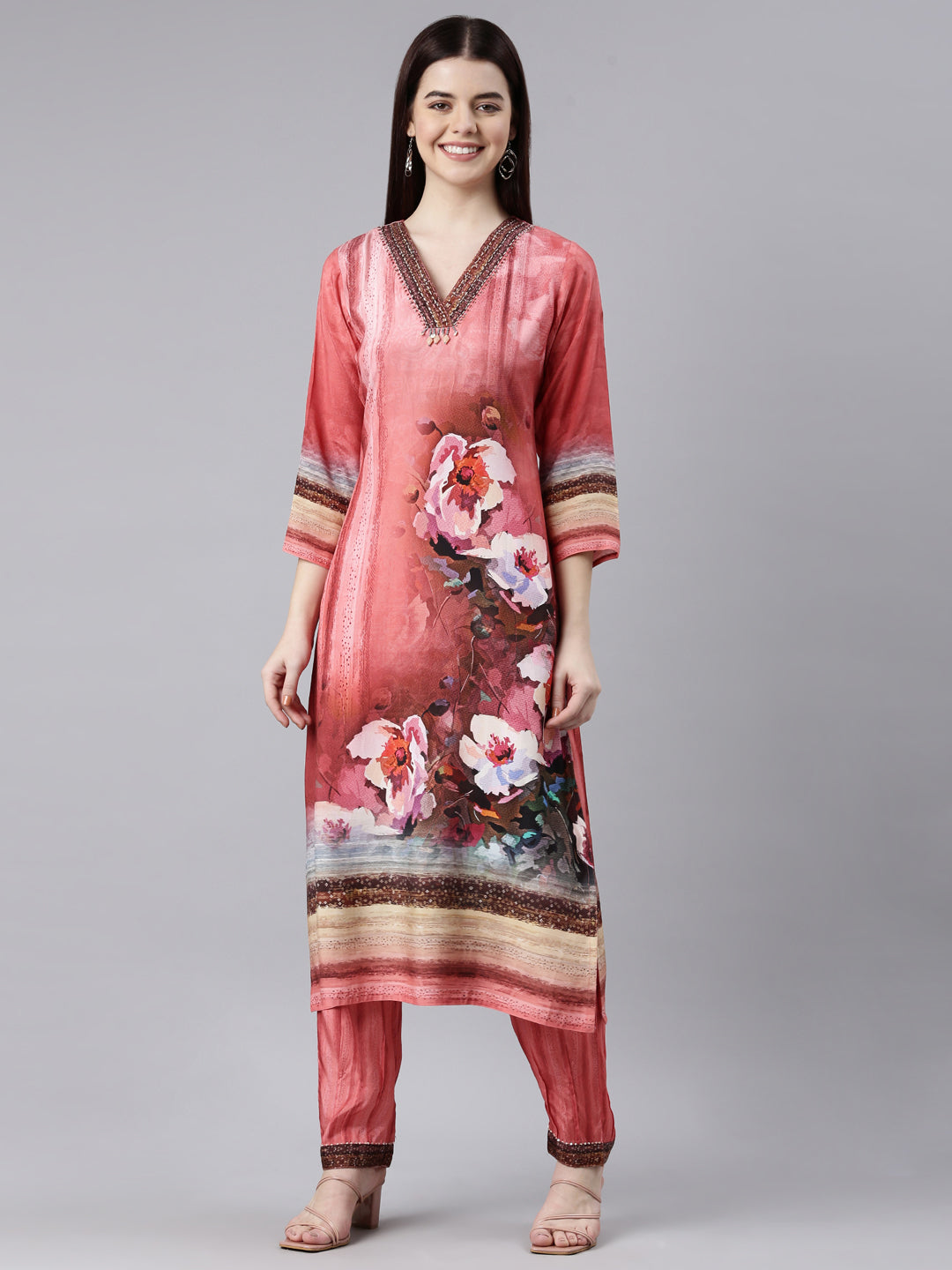 Neerus Coral Panelled Straight Kurta and Trousers