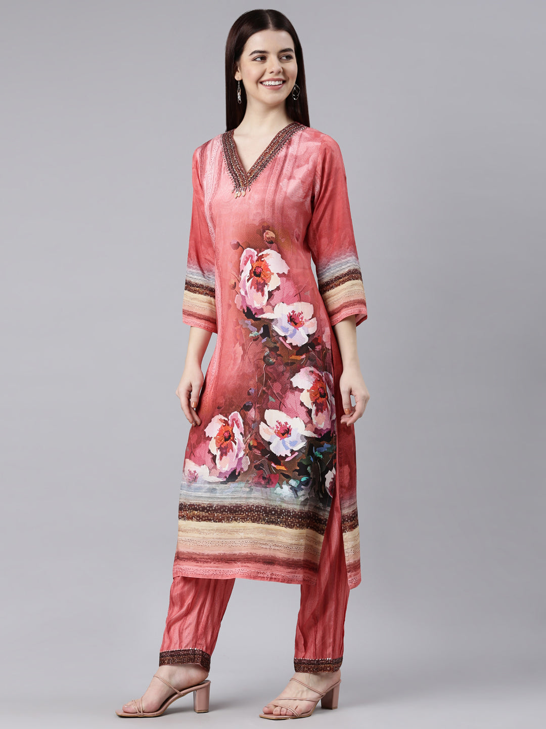 Neerus Coral Panelled Straight Kurta and Trousers