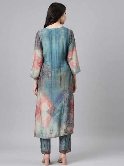 Neerus Blue Panelled Straight Kurta and Trousers