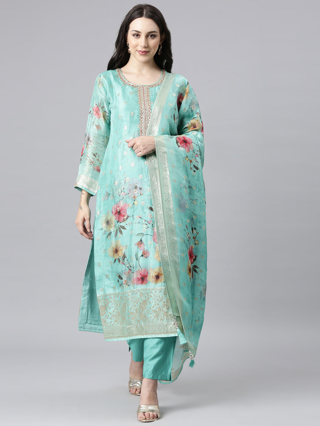 Neerus Green Panelled Straight Kurta and Trousers With Dupatta