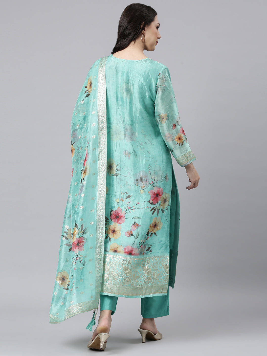 Neerus Green Panelled Straight Kurta and Trousers With Dupatta