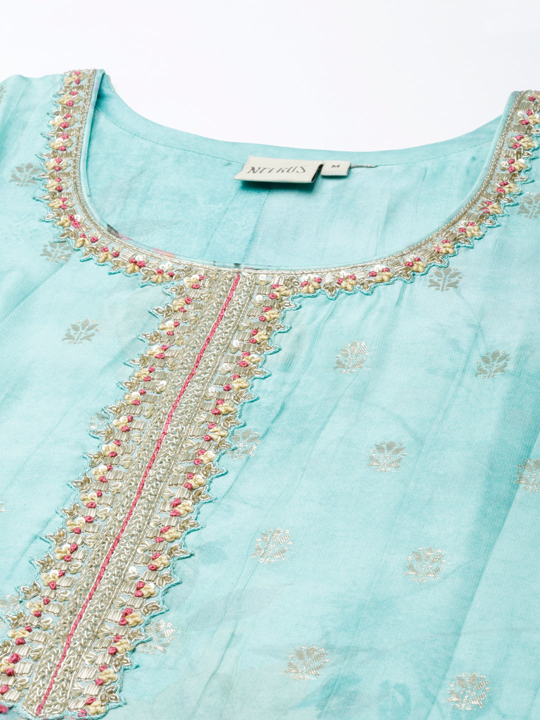 Neerus Green Panelled Straight Kurta and Trousers With Dupatta