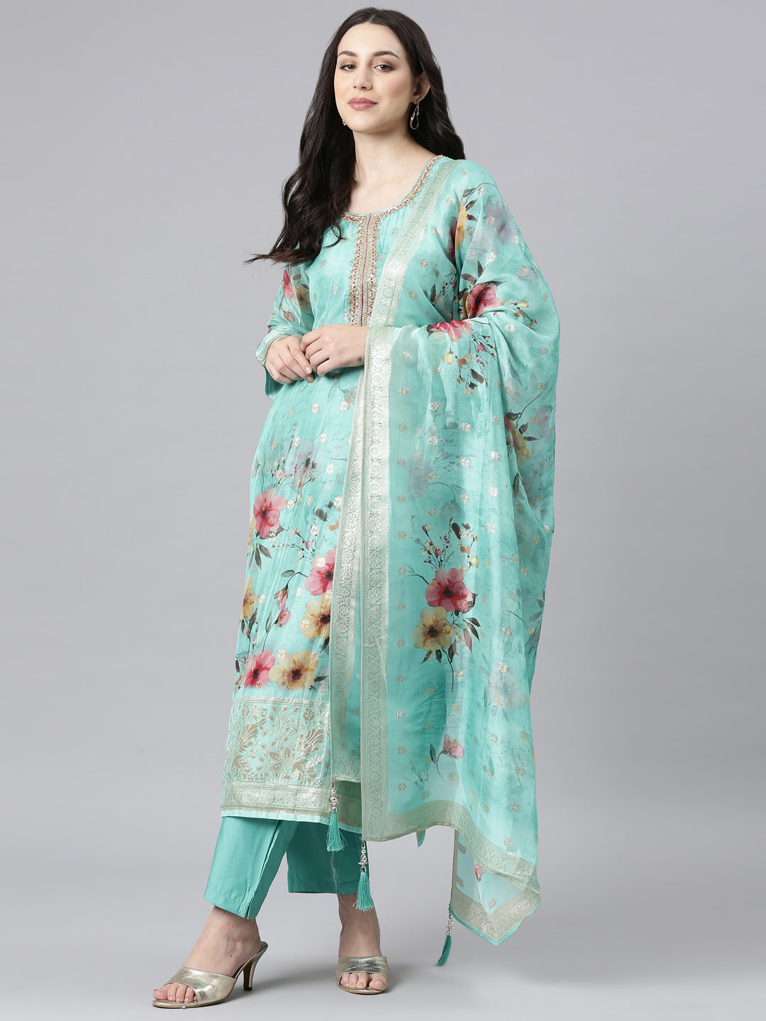 Neerus Green Panelled Straight Kurta and Trousers With Dupatta