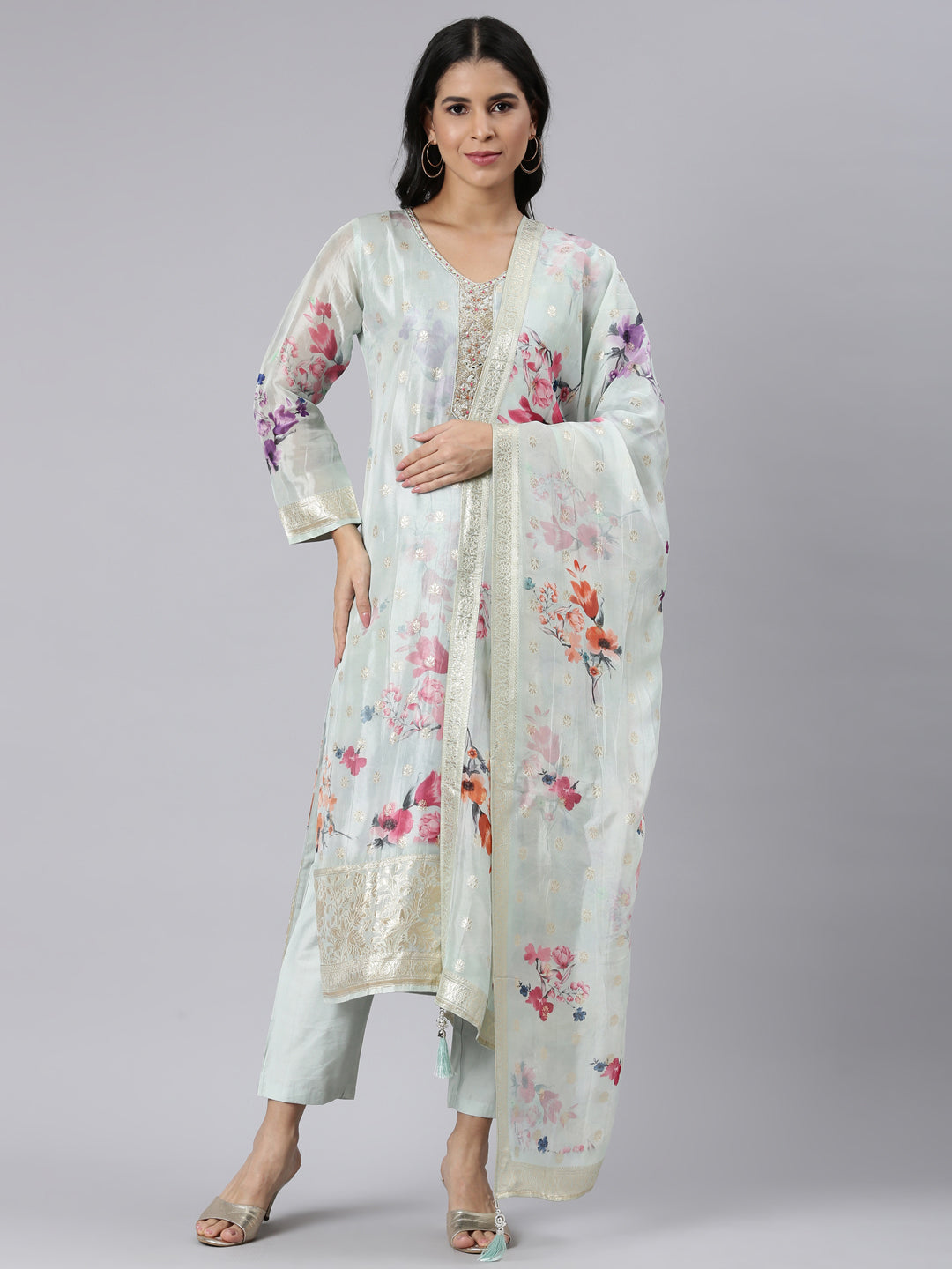 Neerus Blue Regular Straight Printed Kurta and Trousers With Dupatta