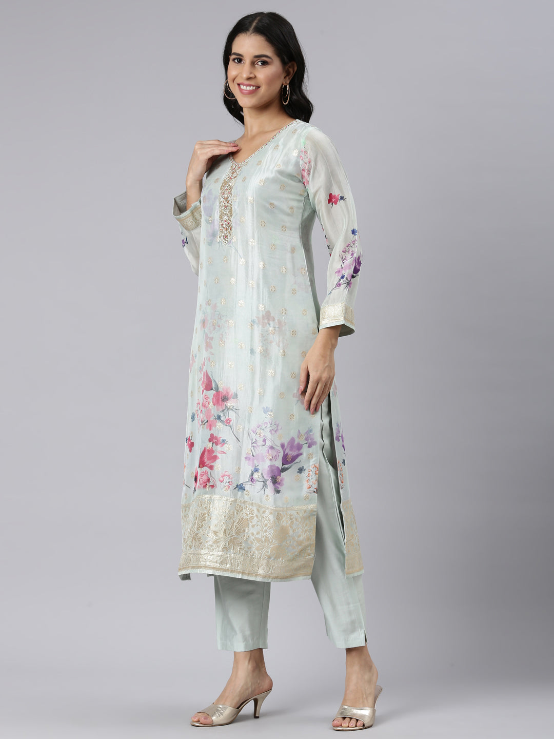 Neerus Blue Regular Straight Printed Kurta and Trousers With Dupatta