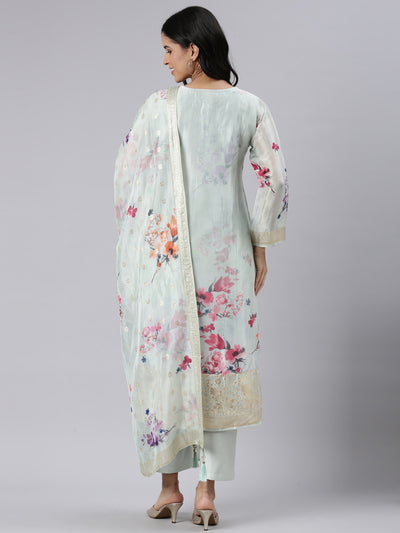 Neerus Blue Regular Straight Printed Kurta and Trousers With Dupatta