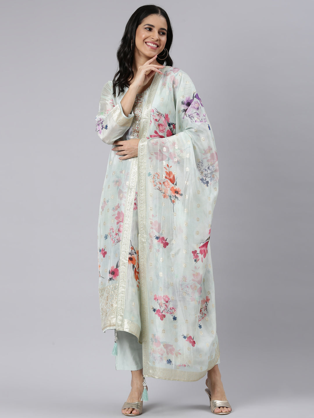 Neerus Blue Regular Straight Printed Kurta and Trousers With Dupatta