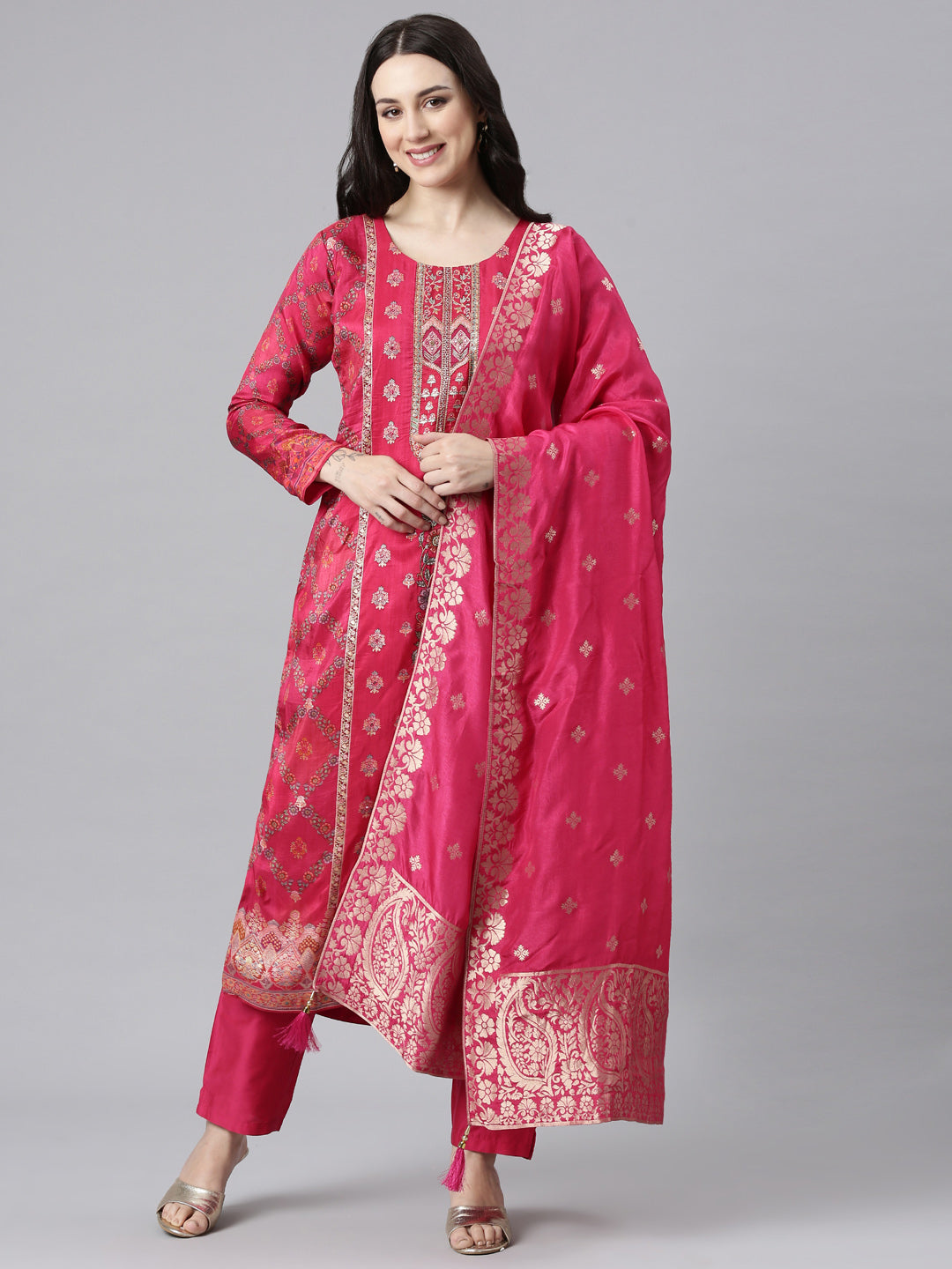 Neerus Pink Panelled Straight Kurta and Trousers With Dupatta