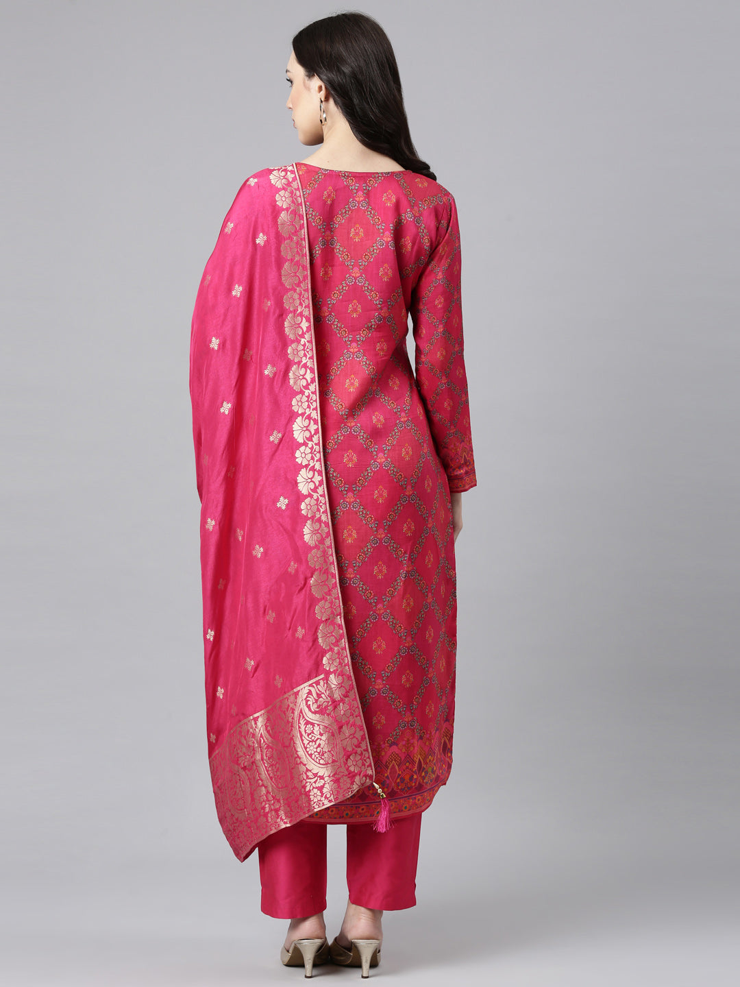 Neerus Pink Panelled Straight Kurta and Trousers With Dupatta