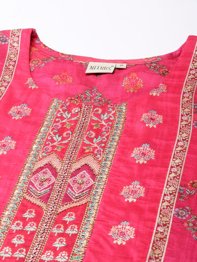 Neerus Pink Panelled Straight Kurta and Trousers With Dupatta