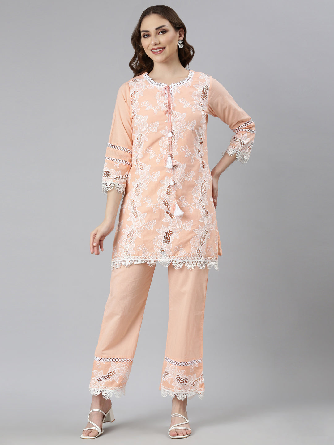 Neerus Peach Regular Straight Floral Kurti And  Trousers