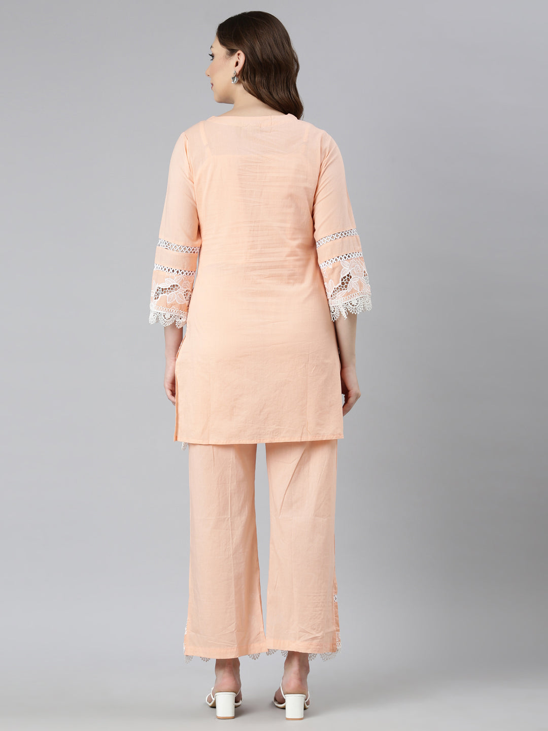 Neerus Peach Regular Straight Floral Kurti And  Trousers