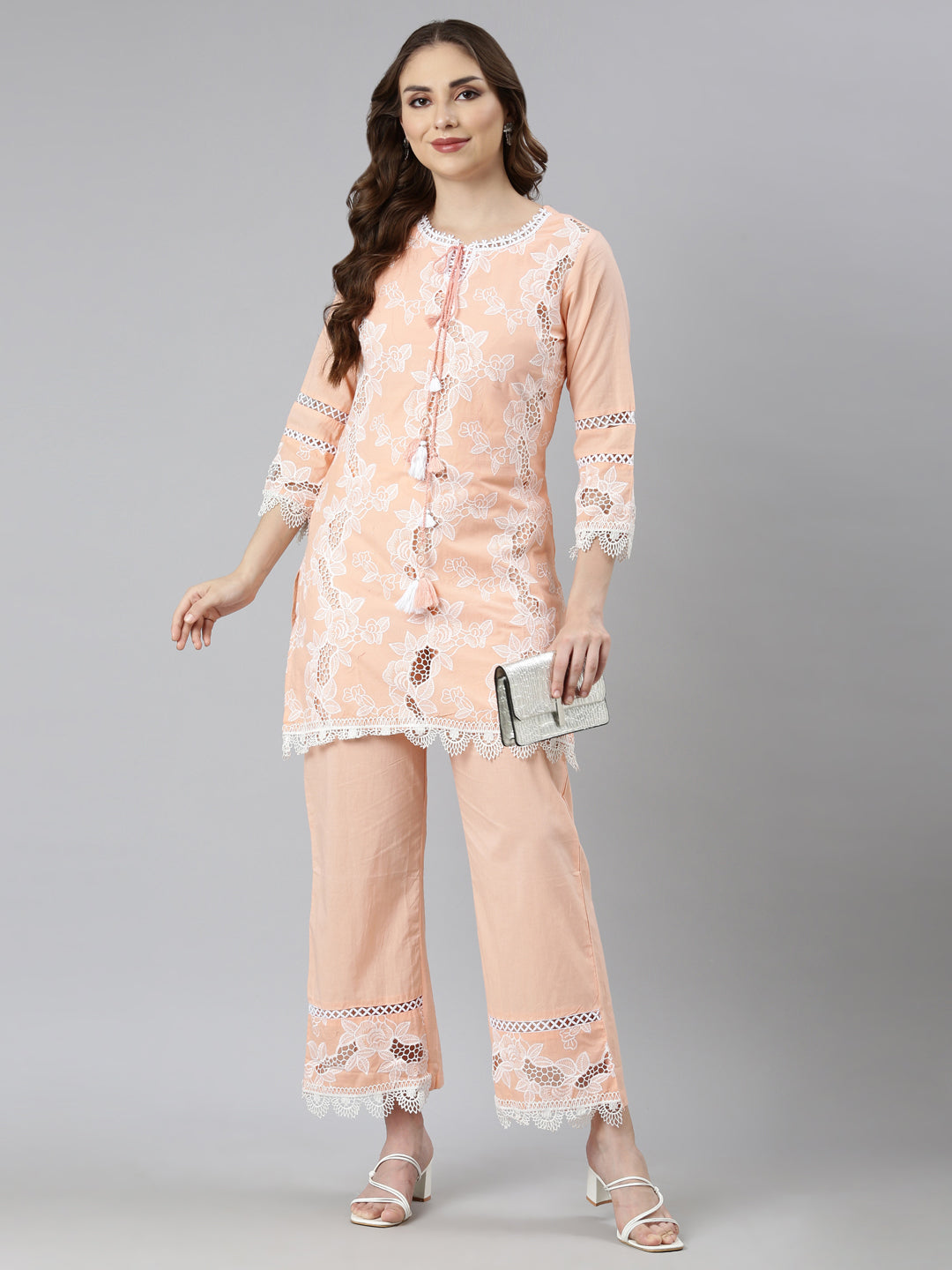 Neerus Peach Regular Straight Floral Kurti And  Trousers