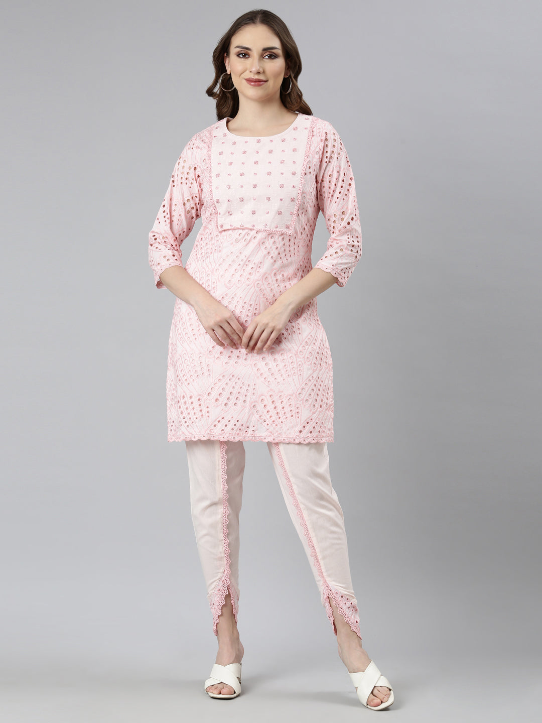 Neerus Pink Regular Straight Floral Kurti And  Panchakattu