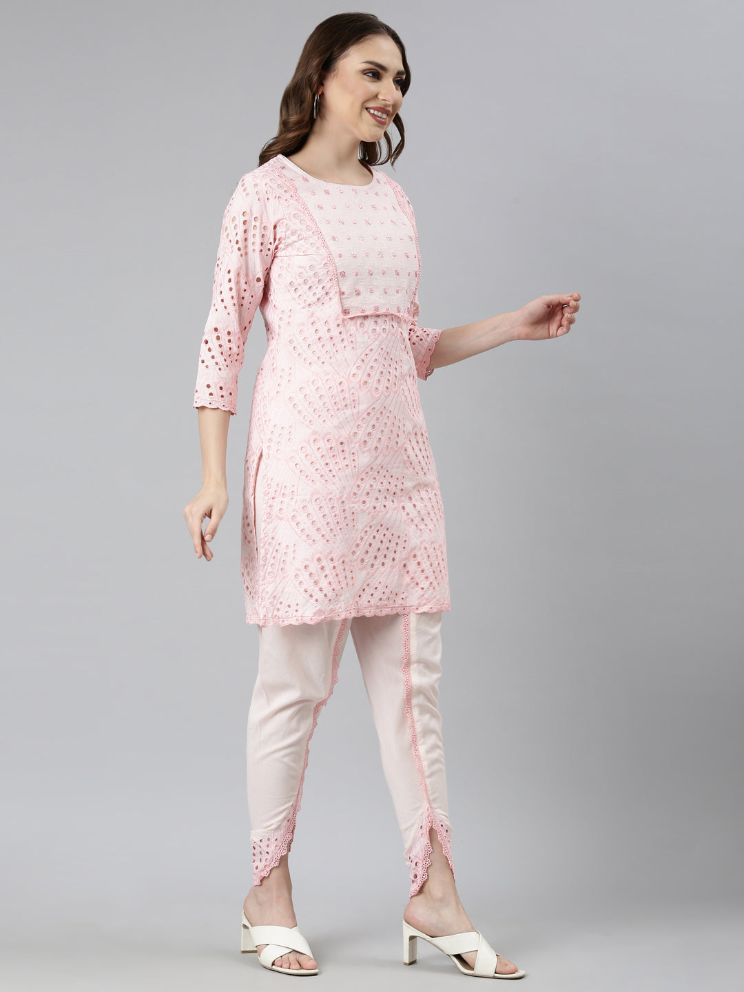 Neerus Pink Regular Straight Floral Kurti And  Panchakattu