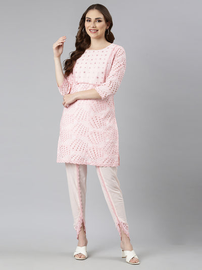 Neerus Pink Regular Straight Floral Kurti And  Panchakattu