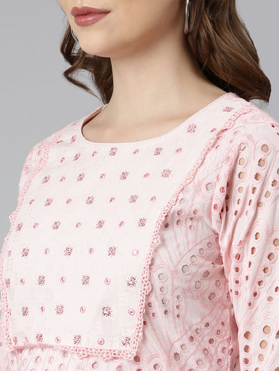 Neerus Pink Regular Straight Floral Kurti And  Panchakattu