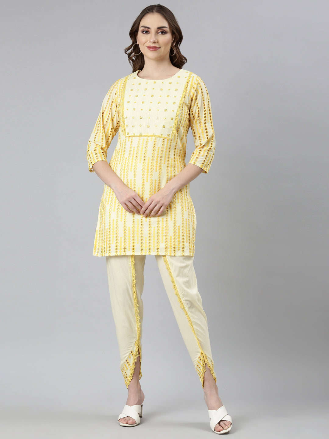 Neerus Yellow Regular Straight Floral Kurti And  Panchakattu