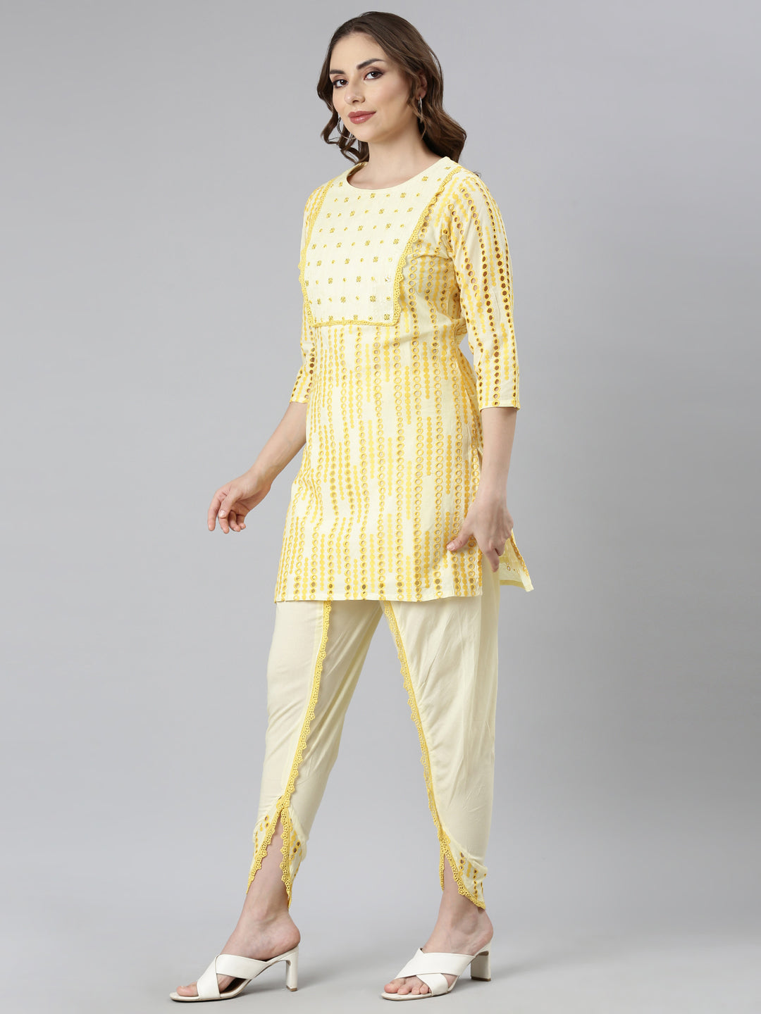 Neerus Yellow Regular Straight Floral Kurti And  Panchakattu