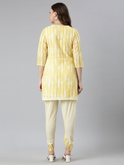 Neerus Yellow Regular Straight Floral Kurti And  Panchakattu