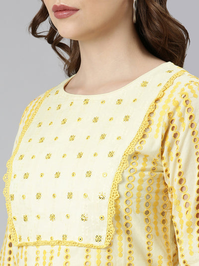 Neerus Yellow Regular Straight Floral Kurti And  Panchakattu