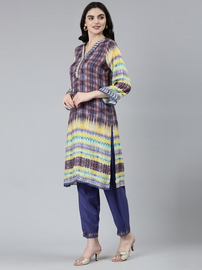 Neeru's Blue Regular Straight Chevron Kurta Sets And Trousers With Dupatta