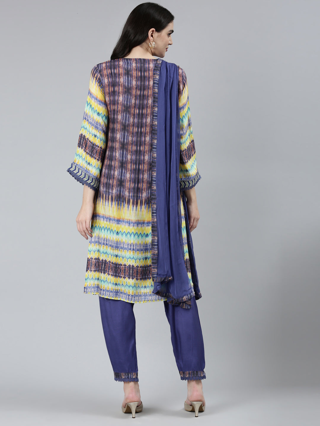 Neeru's Blue Regular Straight Chevron Kurta Sets And Trousers With Dupatta