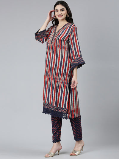 Neeru's Blue Regular Straight Chevron Kurta Sets And Trousers With Dupatta